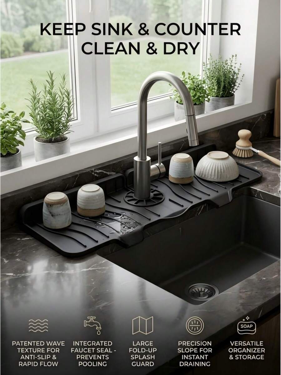 1pc Silicone Faucet Drip Tray, Foldable Sink Splash Guard Drainage Mat, Non-Slip Waterproof Countertop Protector, Suitable For Home Kitchen Sink, Bathroom Vanity, RV Bathroom, Farmhouse Bar Countertop And Cleaning Storage - Black - View 1