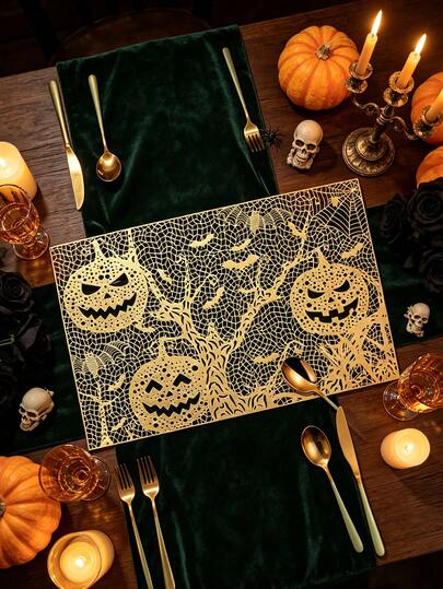 1/4/6pcs Pumpkin & Bat PVC Gold Foil Placemats, Suitable For Wedding Party Table Decor, Halloween Placemats, Coffee Machine Mat, Non-Slip Heat-Resistant Mat, Suitable For Wedding Party, Holiday Celebration, Picnic Camping, Birthday Party Table Decor Placemats