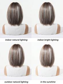 10 Inch Brown And Ash Brown Bob Wigs For Women, Short Straight Layered Synthetic Hair Wigs With Full Bangs And Natural Highlights, Soft Heat Resistant Fiber, Easy Wear For Daily Work, Office, School, Halloween, Cosplay, Retro Parties And Date Night - Multicolor - View 9