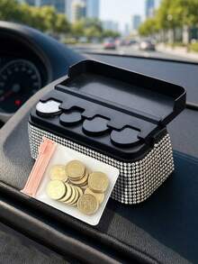 Rhinestone Car Coin Holder, Suitable For Most Cars And Trucks, Car Accessories Storage Box, Euro Coin Storage Box, Compact Car Coin Holder/Applicable, Convenient Mini Storage Box, Creative Storage, Easy To Put In And Take Out, Mini Car Coin Storage Box/Center Console Storage Box And Remote Control Storage Box/Suitable For Most Cars And Trucks/Space-Saving Multi-Functional Storage Box/Essential Accessory For Commuting And Road Trips, Teacher's Day Gift, Back To School, Halloween, Christmas Gift - Multicolor - View 4