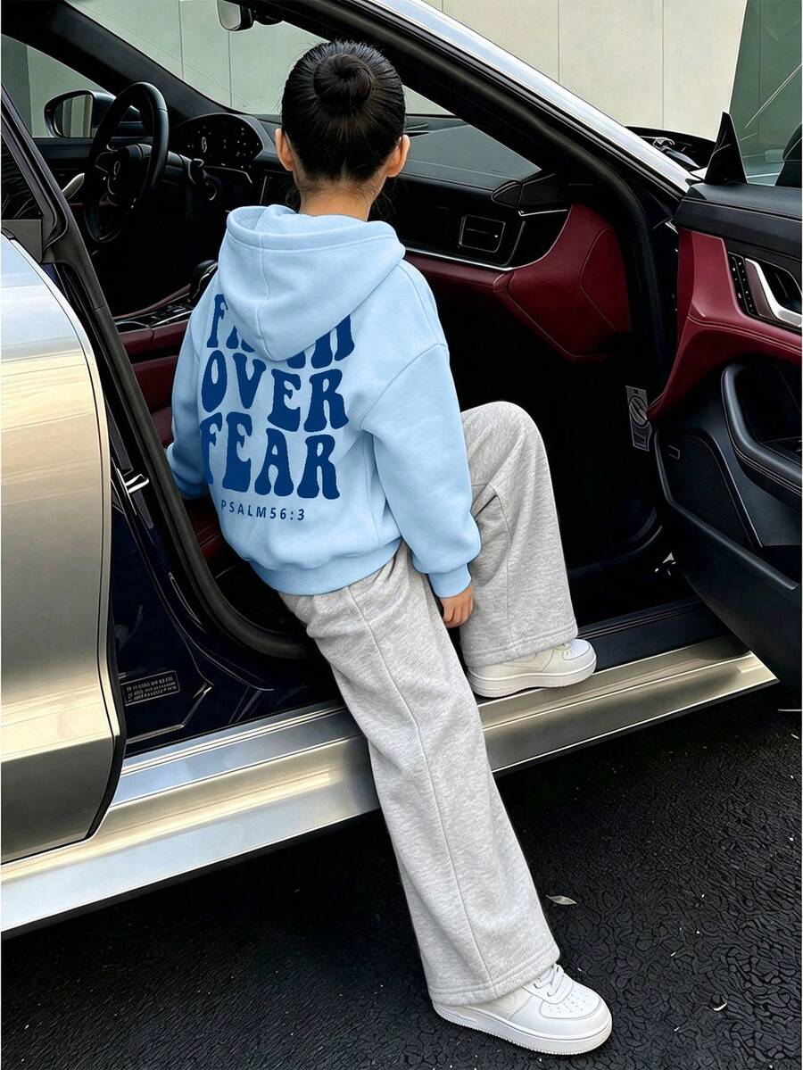 2件組 青少年女孩休閒簡約標語印花連帽衛衣與運動長褲套裝,秋冬時尚舒適新風格 - 彩色 - 查看 1
