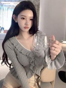 2026 Sweet Casual Sexy Style Ruffle Tie Lace Patchwork Knit Cardigan, Slimming Cardigan For Girl's 18-35 Years Old Fall - Gray - View 2