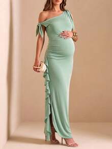Women's Summer Green Elastic Maternity Fitted Cold Shoulder Ruffle Casual Maxi Dress, Wedding Guest Dress - Green - View 10