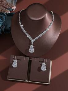 Water Drop Zirconia Necklace + Earrings Jewelry Set, Suitable For Wedding, Party, Gathering, Holiday, Vacation Versatile Accessory - Silver - View 2