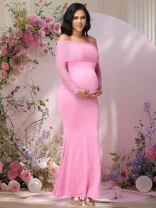 JustVH Pregnant Women's Ruched Mesh Open Shoulder Dress, Elegant Fitted Party Gown With Mermaid Hem Fall Pink - Pink - View 4