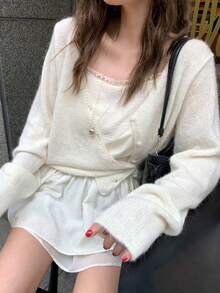 女款素色休閒百搭日常開襟衫 - 米白色 - 查看 4