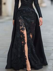 Vestidos Elegantes para Fiesta, Vestido Largo Elegante Fiesta de Encaje Negro con Abertura, Chaqueta Estilo Blazer de Manga Larga, Dos Piezas, Mujer - Negro - Ver 5