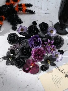 100件/50件人造花頭，大中小型人造花，迷你仿真花，雛菊花，適用於萬聖節裝飾、房間裝飾、婚禮手工裝飾、桌面牆面裝飾、秋季家居裝飾、派對、生日禮物等 - 黑紫色 - 查看 8