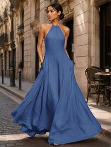 Women's Halter Neck Sleeveless Long Dress With Pockets, Elegant Backless Dress For Date And Evening Party Summer - Blue - View 2