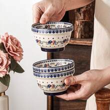 2pcs/4pcs Bohemian Polish Style Floral Pattern Round Ceramic Rice Bowl, Vintage Blue Lace Rim Dotted Decor Thickened Anti-Slip Base, Microwave Dishwasher Porcelain Dinner Bowl, For Daily Dining Breakfast Home Dinner Party Autumn Daily Table Decor - Multicolor - View 7