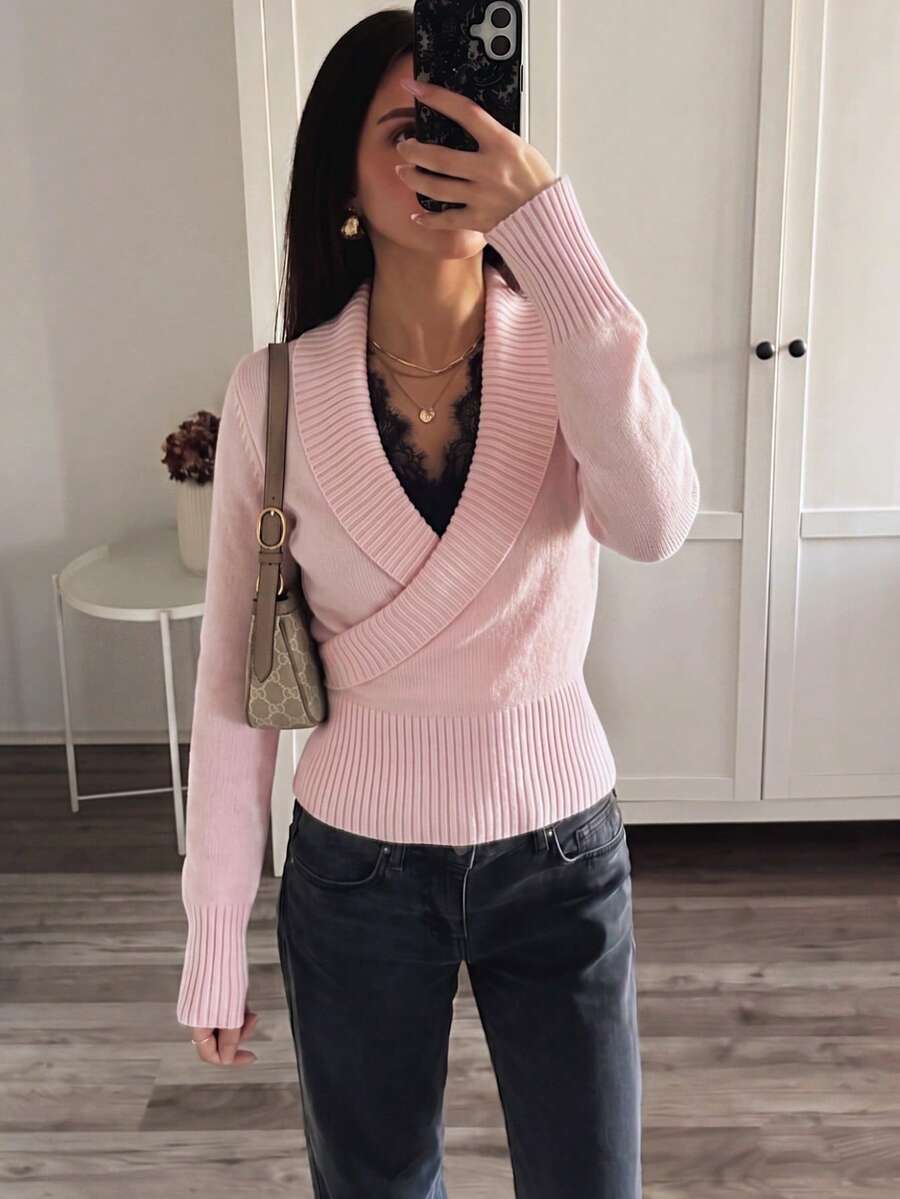 Fashion Women's Knitted Wrap Pullover Sweater, Ribbed Knit Long Sleeve Top, Asymmetric Hem, Suitable For Spring And Autumn Pink - Pink - View 1