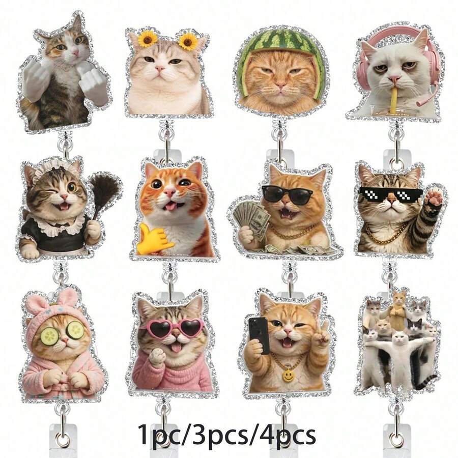 1pc Funny Cat Acrylic Retractable Badge Reel, Medical Badge Holder, ID Card Holder, Gift For Cat Lovers - Multi-color a - View 1
