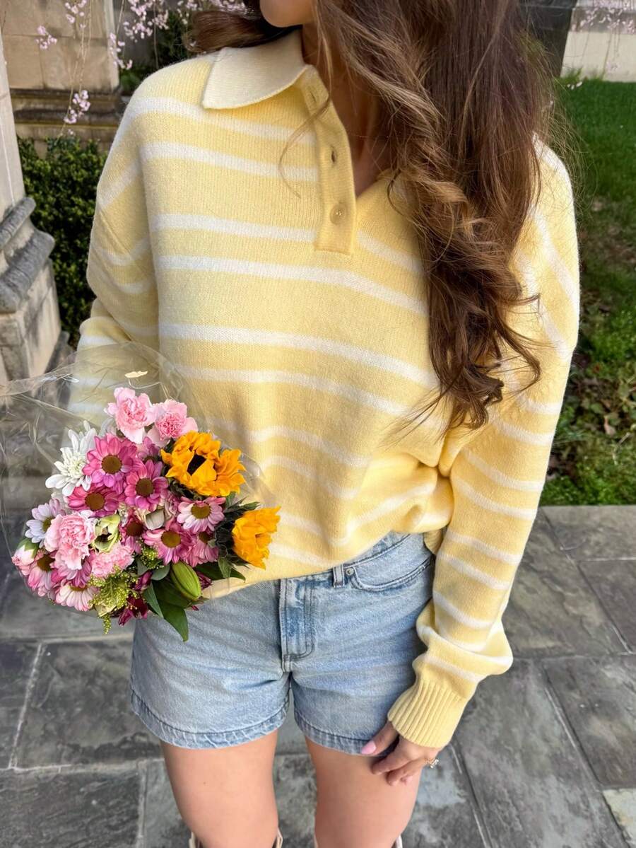 Senya Women's Elegant Yellow Striped Polo Sweater, Soft Knit Drop Shoulder Long Sleeve Pullover, Fashion Half-Placket Button Knit Top - Yellow - View 1