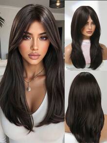 Dark Brown 18 Inch Layered Wavy Synthetic Wig With Curtain Bangs, Natural Loose Wave Heat Resistant Fiber Wigs For Women, Soft Silky Layered Hair, Perfect Daily Look, Halloween, Thanksgiving, Christmas Party Cosplay Hairstyle - Dark Brown - View 2
