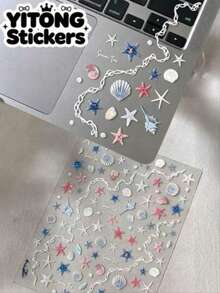 Shell Pearl Starfish Shell Nail Stickers, Minimalist Sparkling Cute Starfish Decorative Stickers, Ocean Series Colorful Shell Conch Nail Stickers, Premium Shell Pearl Starfish 3D Embossed Nail Stickers - Ocean - View 2