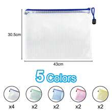 A3 Mesh Plastic Zip Pouches, Set Of 12 In 5 Colours. Zipper Document Holders For Organising Papers, Receipts, Documents And Cosmetic Accessories. - Multicolor - View 6