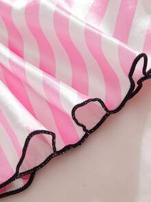 2 Pieces Sets Women Contrast Striped Print Satin Pajamas Spaghetti Strap Slit Self‑Tie Ruffled Sleep Nightwear Lace Splicing Camisole Home Loungewear - Pink - View 11