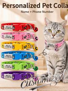 Personalized Soft Cat Adjustable Collar With Bell, Cat Collar, Custom Pet Name Tag, Adjustable Basic Collar, Suitable For Medium And Small Dogs, Cats, Kittens And Puppies, With Buckle - Multicolor - View 5