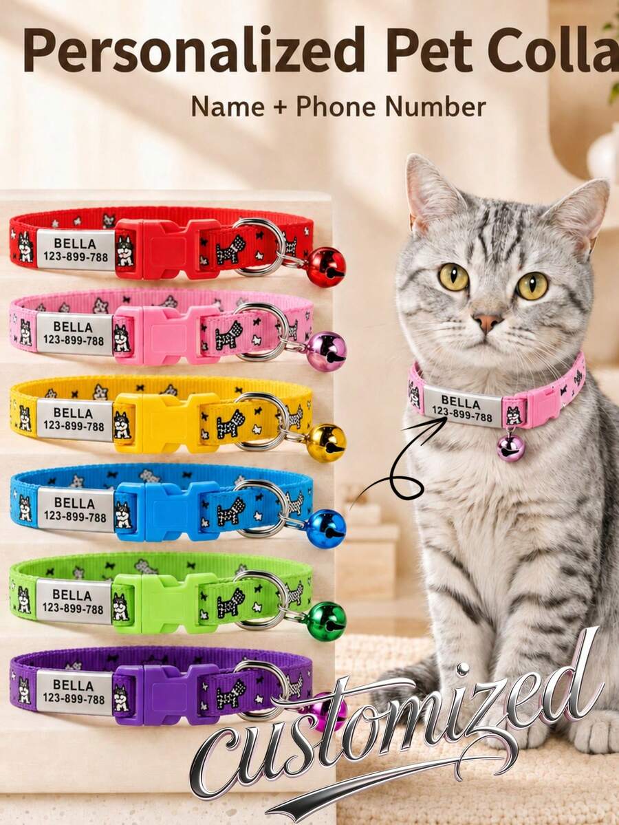 Personalized Soft Cat Adjustable Collar With Bell, Cat Collar, Custom Pet Name Tag, Adjustable Basic Collar, Suitable For Medium And Small Dogs, Cats, Kittens And Puppies, With Buckle - Multicolor - View 1