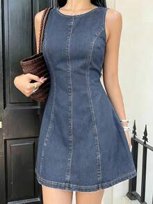 Women Denim Dresses - Dark Wash - View 8