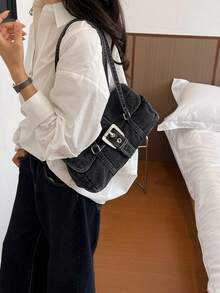 Dedoo 女款長款法棍肩背包，純色水洗布料搭配金屬裝飾，大容量女學生校園背包，適合大學校園使用 - 黑色 - 查看 9