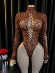 Women's Elastic Leopard Print Fishnet Sexy Lingerie Jumpsuit - Mocha Brown - View 1