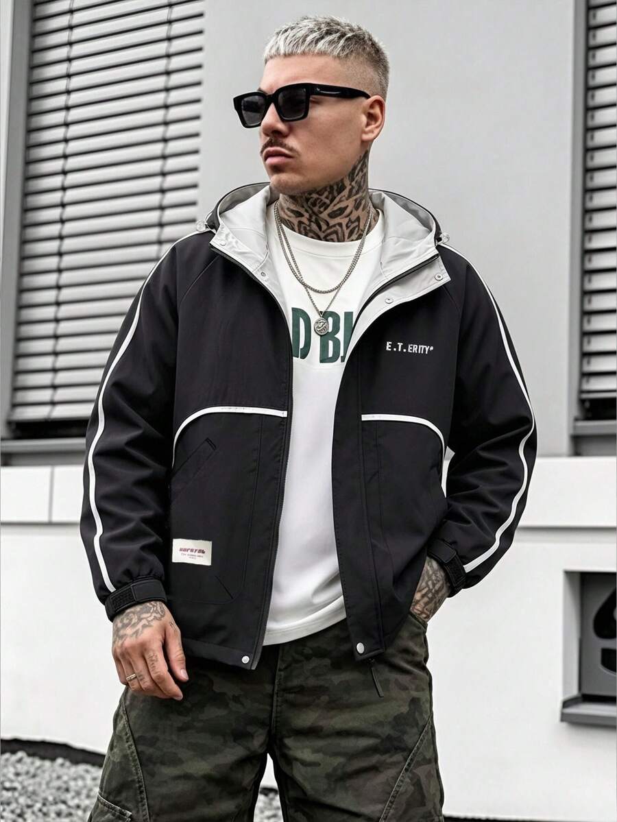 男士春秋休閒時尚夾克,適合戶外徒步與運動 - 黑色 - 查看 1
