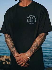 Camiseta con Estampado de la Cultura del Surf de Hawái,% Algodón, 180 g/², Cuello Redondo, Transpirable, Corte Regular, para Vacaciones de Verano en la Playa - Negro - Ver 3