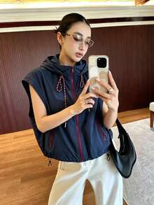 Women's Sleeveless Vest Tank Top, Fashionable Contrast Color Zipper Hooded Drawstring Unlined Lightweight Versatile Comfortable For Daily Wear And Vacation - Navy Blue - View 1