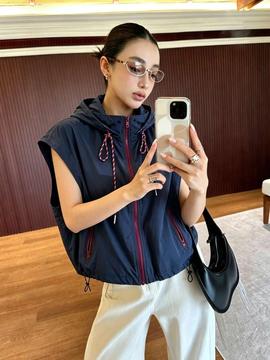 Women's Sleeveless Vest Tank Top, Fashionable Contrast Color Zipper Hooded Drawstring Unlined Lightweight Versatile Comfortable For Daily Wear And Vacation - Navy Blue - View 1