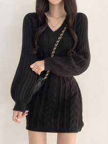 Autumn/Winter Vintage Elegant V-Neck Cable Knit Slim Fit Bodycon Mini Dress - Black - View 2