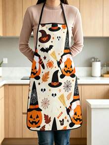2pcs Halloween Gnome Pumpkin Print Apron, Cute Ghost Bat Spider Web Maple Leaf Pattern Adjustable Cooking Apron, Holiday Kitchen Decor Party Accessory - Multicolor - View 6