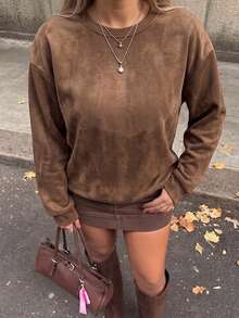 Women's Suede-Like Round Neck Sweatshirt, Loose Oversized Long Sleeve Pullover, Casual Soft Streetwear Top, Suitable For Spring, Autumn And Winter - Brown - View 3