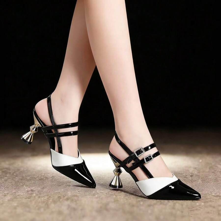 Sepatu Hak Tinggi Wanita Modis dan Nyaman, Model Baru, Ujung Lancip, Hak Tebal - Hitam dan Putih - View 1