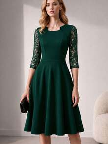 女士撞色蕾丝纯色A字连衣裙，优雅七分袖休闲春季连衣裙 - 綠色 - 查看 1