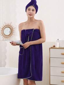 女款珊瑚絨柔軟舒適吸水浴帽/浴裙 可穿戴式抹胸蝴蝶結口袋浴巾 2件組 - 紫色 - 查看 6