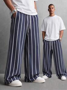 SU ER Men's Summer Striped Loose Drawstring Elastic Waist Casual Pants, Drapey Lazy Wide Leg Long Trousers - Navy Blue - View 1