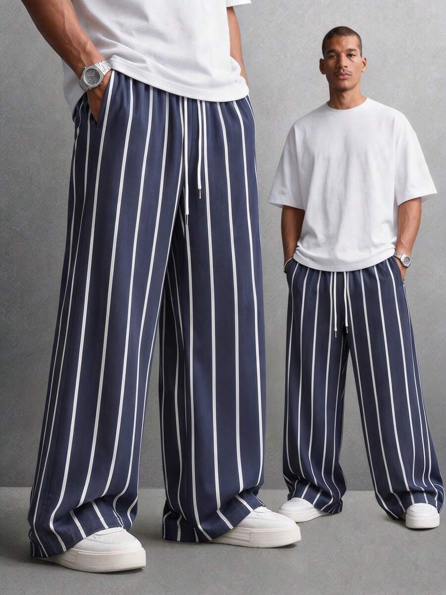 SU ER Men's Summer Striped Loose Drawstring Elastic Waist Casual Pants, Drapey Lazy Wide Leg Long Trousers - Navy Blue - View 1