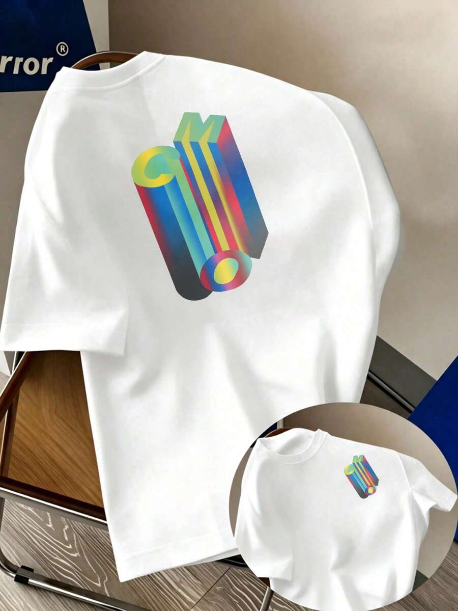 Camiseta Colorida con Estampado de Logotipo Geométrico 3D,% Algodón, 180 g/², Cuello Redondo, Transpirable, Corte Regular, Estilo Casual de Verano - Blanco - Ver 1