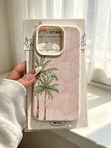 1pc Cream Leather Texture Raised Large Camera Frame Phone Case, Light Pink Watercolor Fan-Shaped Background With Palm Tree Print, Shockproof Soft Protective Phone Case, Suitable For Apple17/16/11/12/13/14/15/15Pro/15Plus/15ProMax/7Plus/8Plus/X/XsMax/Xr/11Pro/13Pro/14Pro/11ProMax/12ProMax/13ProMax/14ProMax/14Plus/7/8/16Pro/16Plus/16ProMax/17Pro/17e/17ProMax - Multicolor - View 66