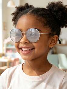 1PC Kid 9-14 Years Silver Round Metal Cat Ear Detail Lovely Kids For Beach Daily Outfit With Glasses Box - Multicolor - View 1
