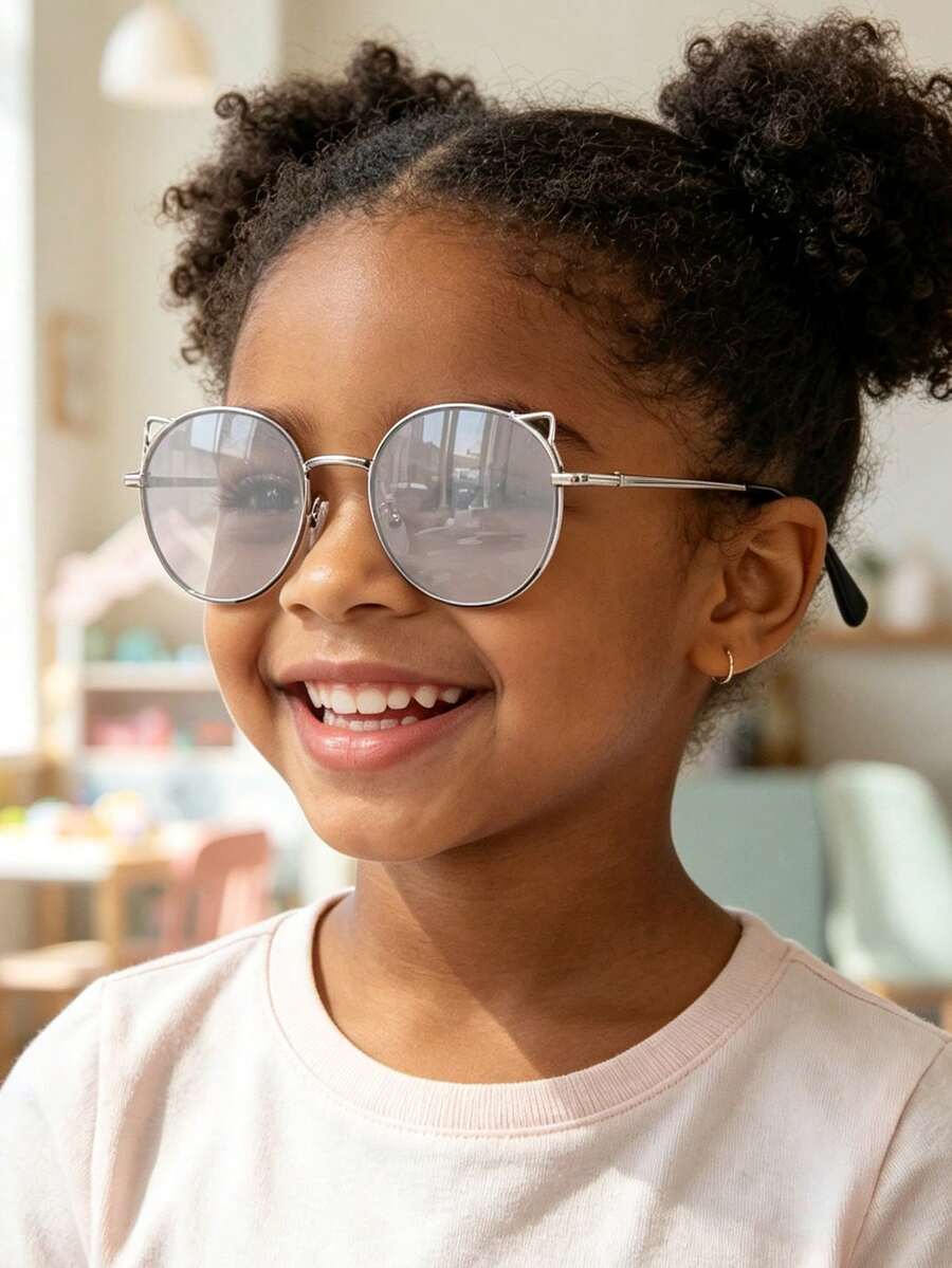 1PC Kid 9-14 Years Silver Round Metal Cat Ear Detail Lovely Kids For Beach Daily Outfit With Glasses Box - Multicolor - View 1