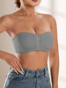 CELILIN Grey Front Closure Strapless Bandeau Bra For Women, Anti-Slip Non-Slip Push-Up Skin-Friendly Seamless Bandage - Grey - View 6