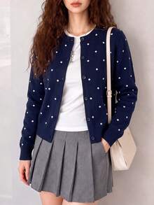 Women's Autumn/Winter Casual Fresh Minimalist Solid Color Round Neck Cardigan Knit Sweater Jacket Fall - Navy Blue - View 4