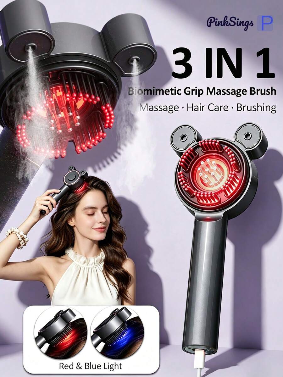 PinkSings Upgraded 4-In-1 Electric Scalp Massager Brush With Nano Mist, Blue & Red Light Therapy Hair Care, Suitable For All Hair Types Hair Oil Applicator, Electric Hair Comb