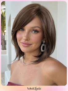 [Velvet Locks] Soft Heat-Resistant Layered Straight Side Part Bob Brown 12-Inch Synthetic Wig For Women For Elegant Daily Party - 棕色 - 查看 1