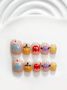 萬聖節主題 10 片裝可愛風手工穿戴甲 Polygel 凝膠美甲套組，幽靈款紫色與紅色指甲油，彩色卡通風，附美甲工具，3 種尺寸可選：方形、短方形、杏仁形，適合派對、跳舞、日常配戴 - 彩色 - 查看 18