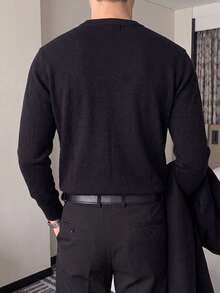 Men's Solid Color Crew Neck Knit Undershirt, Featuring Ribbed Cuffs And Hem Design, Long Sleeve Suitable For Office Layering And Daily Wear - Black - View 7