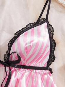 2 Pieces Sets Women Contrast Striped Print Satin Pajamas Spaghetti Strap Slit Self‑Tie Ruffled Sleep Nightwear Lace Splicing Camisole Home Loungewear - Pink - View 9