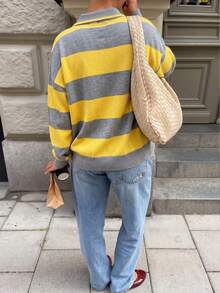 Suéter de punto para mujer, top de manga larga con cuello polo a rayas estilo preppy vintage, atuendo de otoño, ropa casual de calle, moda de oficina. Otoño - Amarillo + Gris - Ver 10